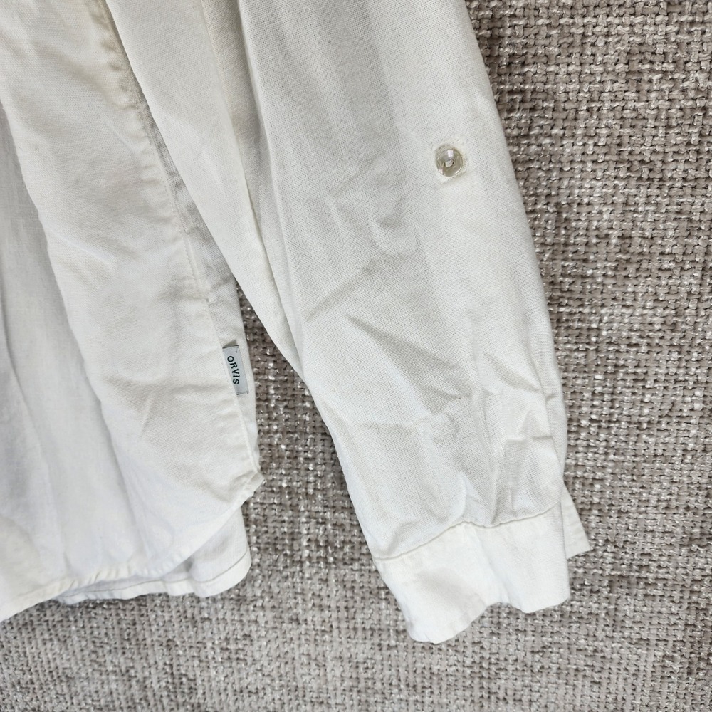 Orvis Linen Blend Blouse Top Womens L White Roll Tab Sleeve Coastal Relaxed Fit - Picture 3 of 11